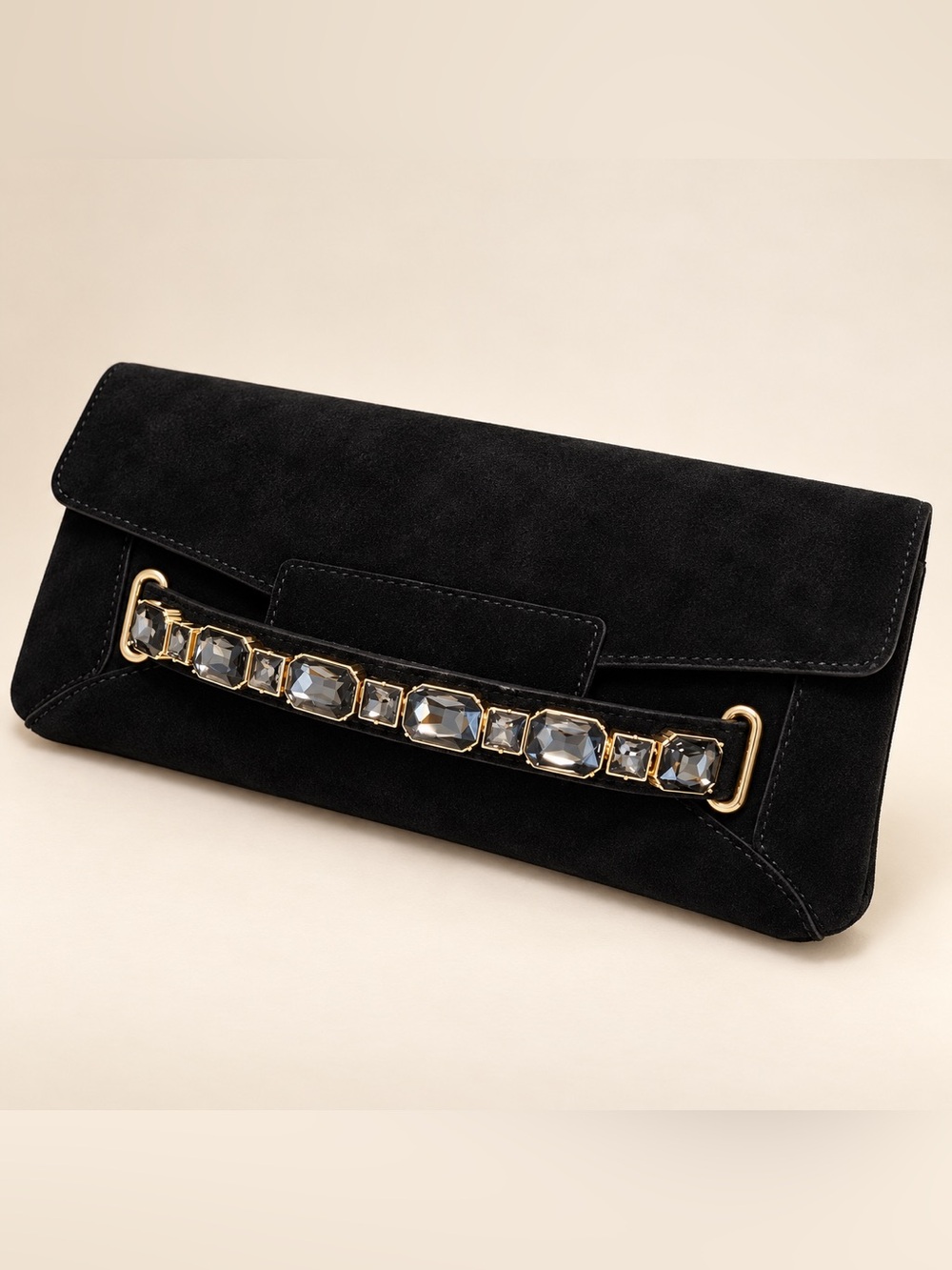 Talbots suede Elegant Black Clutch Gemstone Accent chain evening bag